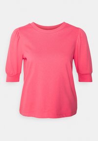 Pink short-sleeve t-shirt with a round neck, featuring gathered details on sleeves and a smooth cotton texture.