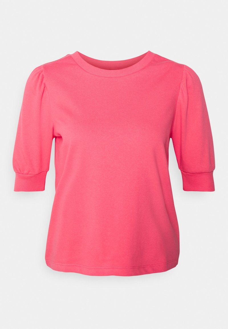 Pink short-sleeve t-shirt with a round neck, featuring gathered details on sleeves and a smooth cotton texture.