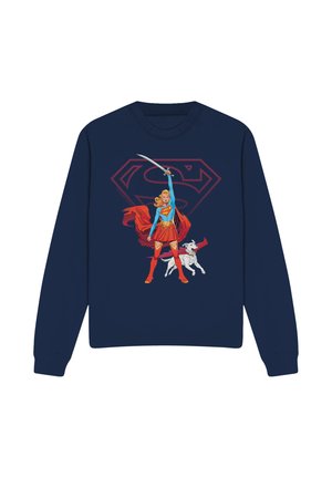 Navy sweatshirt with Supergirl holding a sword aloft, red cape flowing, and a white dog with a red cape beside her, backed by a large red Superman logo.