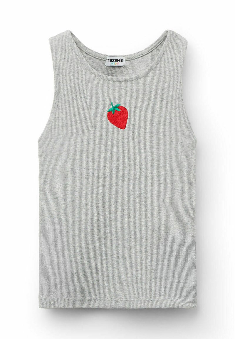 Jasnoszary, prążkowany top na ramiączkach z okrągłym dekoltem i małą czerwoną haftowaną truskawką po lewej stronie. Materiał: mieszanka bawełny.