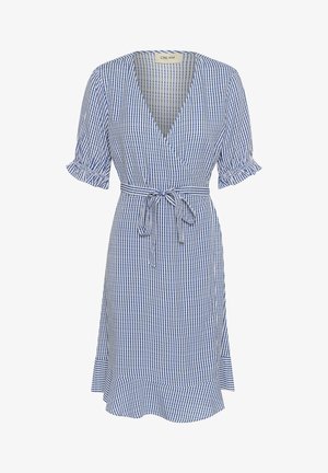 Blauwe en witte gestreepte wikkeljurk met korte gerimpelde mouwen, een V-hals en een strikomslag. Valt zachtjes van de taille met een uitlopende zoom.