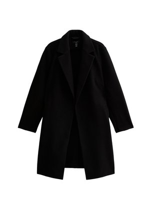 Black wool coat with a tailored design, large lapels, and long sleeves. Open front with two side pockets, smooth texture, and no fastenings.