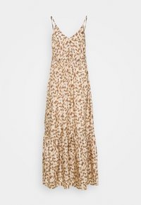 Robe maxi à imprimé floral en beige avec des accents marron. Caractéristiques : bretelles fines, décolleté en V et jupe à volants. Tissu léger.