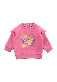 Sweat-shirt rose avec manches à volants, broderies florales en jaune et violet, col rond, et poignets et ourlet côtelés.