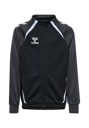 Sort og grå sportjakke med lynlås med hvide striber på skuldre og sider, med lille hvid hummel-logo på brystet.