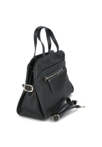 Borsa a tracolla in pelle nera con finitura texturizzata, dotata di due manici, una tracolla removibile e una tasca con zip frontale.