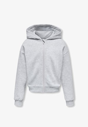 Grijze cropped hoodie van zacht materiaal, met een centrale rits, grote capuchon en geribde manchetten en zoom. Eenvoudig, naadloos ontwerp.