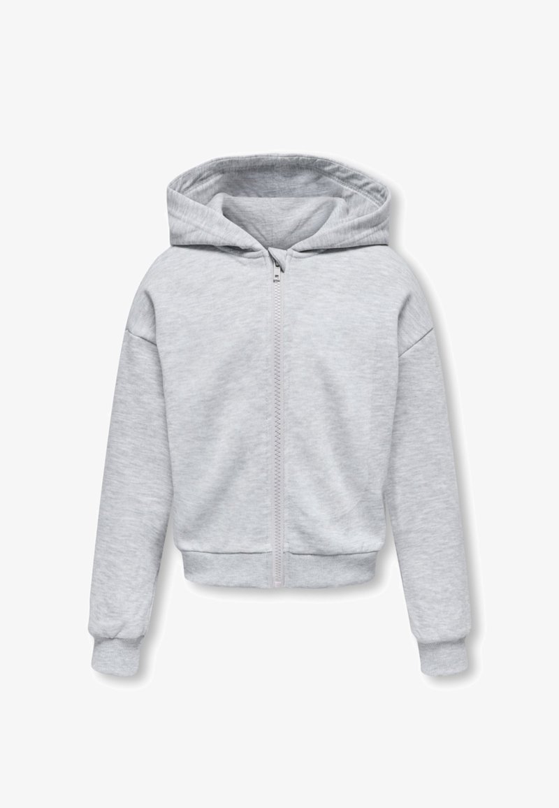 Gray cropped hoodie made of soft fabric, featuring a central zipper, large hood, and ribbed cuffs and hem. Simple, seamless design.