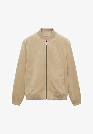 Beige suede bomber jacket with a front zipper, ribbed collar and cuffs, and two side pockets, featuring a smooth, matte texture.