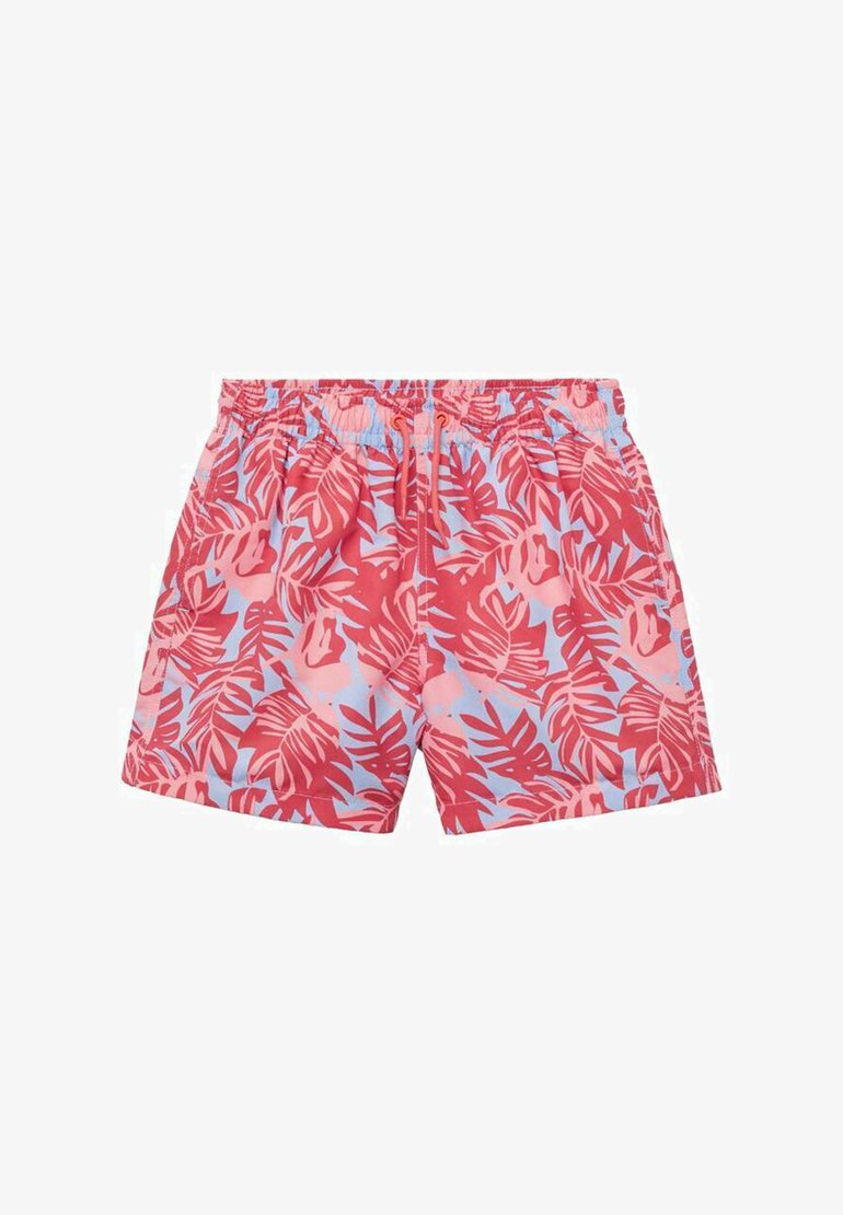 Jasně červené a světle modré plavky s tropickým listovým vzorem. Disponují elastickým pasem se šňůrkou pro úpravu velikosti.