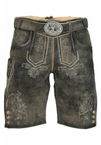 Lederhosen in Dunkelbraun mit dekorativer Stickerei, metallenen Knopf-Akzenten und einem Gürtel mit einer runden Schnalle im Geweih-Motiv.