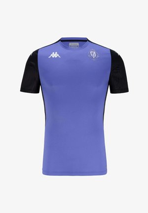 Maglia sportiva viola con maniche nere, logo Kappa sul petto e sulle spalle, e uno stemma dettagliato della squadra sulla parte superiore sinistra del petto.