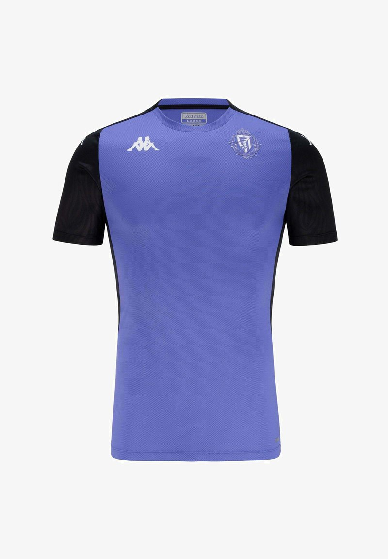 Maillot de sport violet avec manches noires, logo Kappa sur la poitrine et les épaules, et un écusson détaillé de l'équipe sur la partie supérieure gauche de la poitrine.