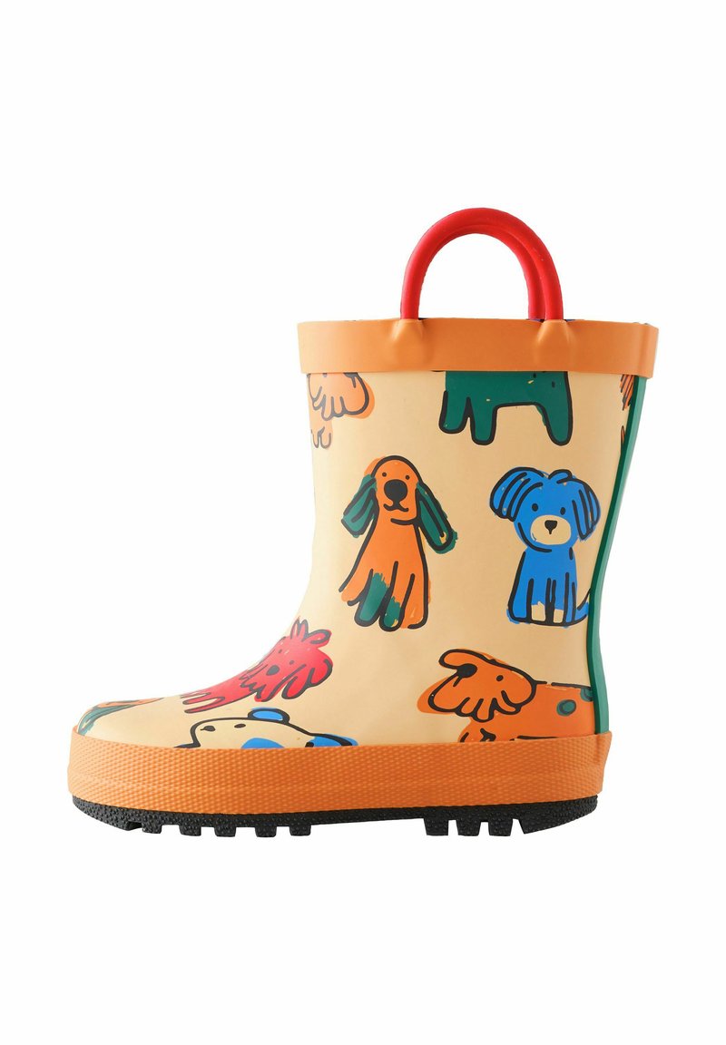 Gummiregenstiefel mit gelbem Grund, der farbenfrohe Hundemotive zeigt, einem roten Griff, orangefarbenen Akzenten und einer strukturierten schwarzen Sohle.