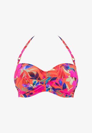 Bunt gemusterter Bikini-Oberteil mit einem lebhaften Blumenmuster in Pink, Orange und Blau, unterlegt mit Drahtstütze und verstellbaren Trägern.