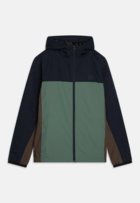 Men’s hooded jacket with navy blue shoulders and sleeves, green front body, and brown side panels, featuring a front zipper closure.