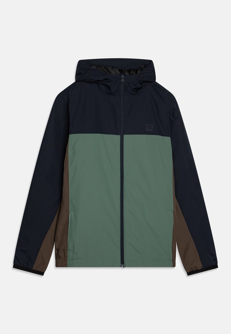 Men’s hooded jacket with navy blue shoulders and sleeves, green front body, and brown side panels, featuring a front zipper closure.