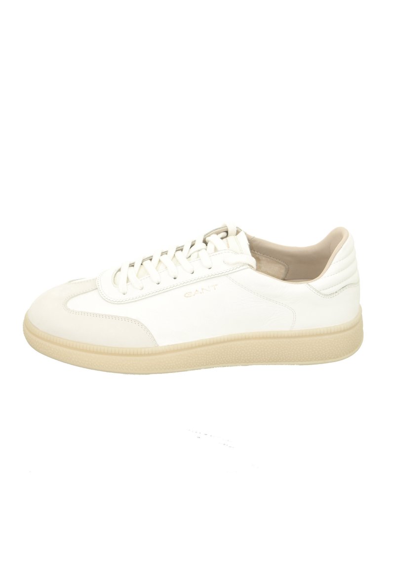 White leather sneakers with a low profile, round toe, textured accents, and a rubber sole. Features a subtle embossed logo on the side.