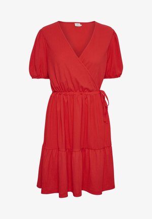 Robe portefeuille rouge à manches courtes avec col en V, ceinture élastique à la taille, jupe froncée et manches bouffantes.