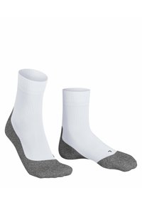 Calcetas blancas con textura acanalada, que presentan acentos grises en las áreas de los dedos y el talón. Dos tamaños mostrados uno al lado del otro.