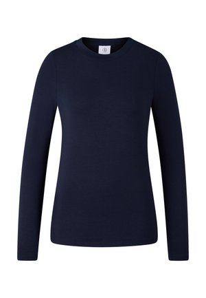 Marineblaues Langarm-T-Shirt aus glattem Baumwollstoff. Verfügt über einen Rundhalsausschnitt und eng anliegende Ärmel, mit schlichtem, unverziertem Design.