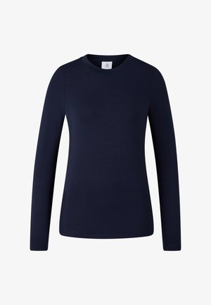 Navy long-sleeve t-shirt made of smooth cotton. Features a crew neckline and fitted sleeves, with a plain, unembellished design.