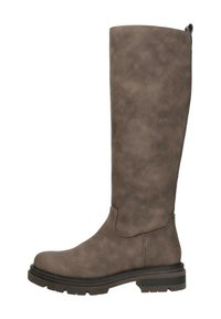 Schafthoogte, bruine faux leren kniehooglaars met ronde neus, chunky zool en gladde textuur. Beschikt over een trekriem voor gemakkelijk aan- en uittrekken.