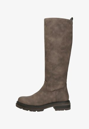 Schafthoogte, bruine faux leren kniehooglaars met ronde neus, chunky zool en gladde textuur. Beschikt over een trekriem voor gemakkelijk aan- en uittrekken.