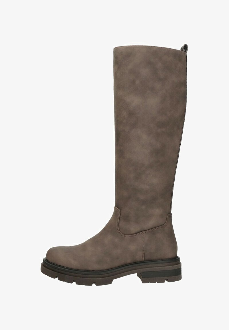Schafthoogte, bruine faux leren kniehooglaars met ronde neus, chunky zool en gladde textuur. Beschikt over een trekriem voor gemakkelijk aan- en uittrekken.