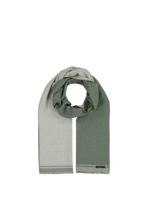 Sciarpa tessuta grigio chiaro e verde con sottili strisce e bordi sfrangiati, piegata a anello con una piccola etichetta nera.