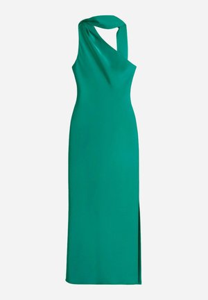 Vestido ajustado sin mangas en un vibrante tejido verde. Presenta un escote retorcido y una abertura alta en el lado izquierdo. Textura suave.