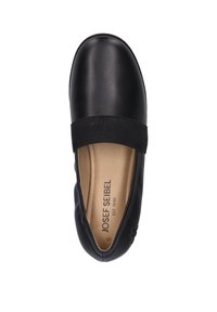 Black leather slip-on shoe with elastic strap, rounded toe, and a smooth texture. Interior features beige lining with brand label.