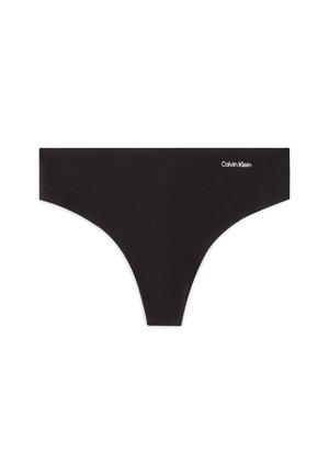 Sort sømløs g-streng med lille hvid Calvin Klein-logo på frontens højre side.