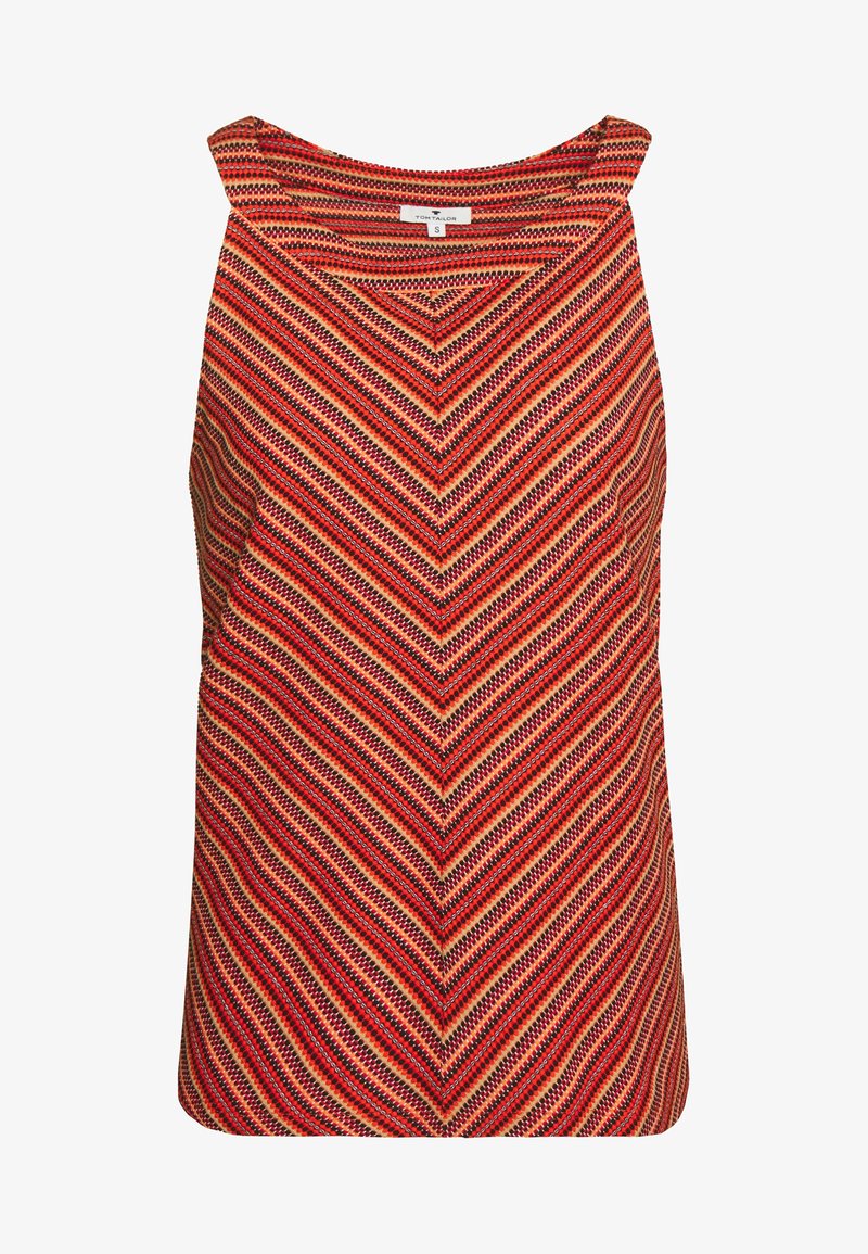 Robe sans manches avec des rayures chevrons rouges, orange et noires formant un motif en V, étiquetée Tom Tailor, taille petite.