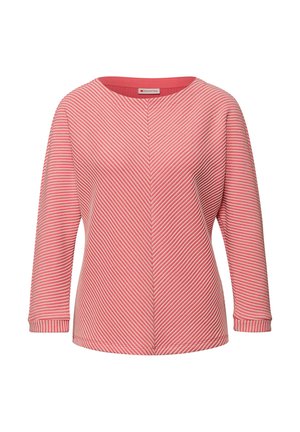 Langärmliger Pullover in Hellrosa mit roten diagonalen Streifen, ausgestattet mit einem Rundhalsausschnitt und gerippten Bündchen. Weich texturiertes Gewebe.