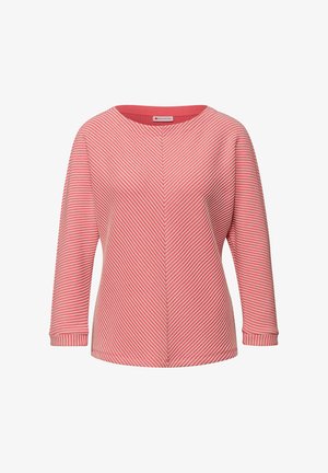 Langärmliger Pullover in Hellrosa mit roten diagonalen Streifen, ausgestattet mit einem Rundhalsausschnitt und gerippten Bündchen. Weich texturiertes Gewebe.