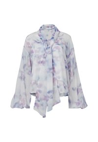 Blusa transparente de manga larga con estampado acuarela en tonos morados y azules, corte holgado, mangas anchas y detalle de lazo en el cuello.