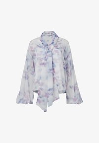 Blusa transparente de manga larga con estampado acuarela en tonos morados y azules, corte holgado, mangas anchas y detalle de lazo en el cuello.