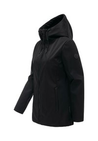 Sort hættejakke til kvinder med frontlynlås, snore, sidelommer og en logopatch på venstre ærme.