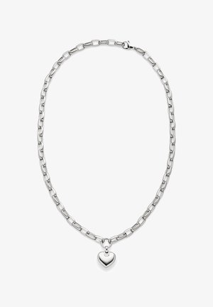 Zilveren ketting met ovale schakels en een hartvormige hanger. De hanger hangt aan een beveiligde lus in het midden van de ketting.