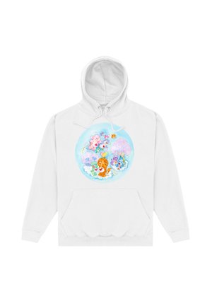 Biała bluza z kapturem z okrągłym, kolorowym grafiką przedstawiającym zwierzęta, rośliny i chmury, z wyróżniającym się lwem, różowymi kwiatami i wesołymi wzorami.
