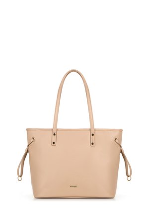 Borsa a tracolla sintetica beige con due manici lunghi, dettagli in metallo dorato e cordoncino sui lati. Texture liscia, design minimalistico.