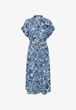 Μπλε λουλουδάτο midi φόρεμα με κοντά μανίκια, κουμπωτή μπροστινή επιφάνεια και ζώνη από ύφασμα με υφαντό μοτίβο. Σχεδιασμένο με ελαφριά, αέρινη υφή.