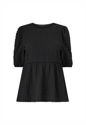 Zwarte top met een ronde halslijn, korte pofmouwen en een gathered taille. De textuurstof heeft een subtiel kreukelontwerp door het geheel.