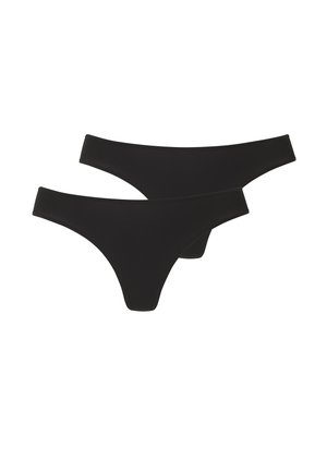 Schwarze Strings aus glattem Stoff, mit minimaler Abdeckung und breiten Bändern. Das Design ist nahtlos mit einer matten Oberfläche.