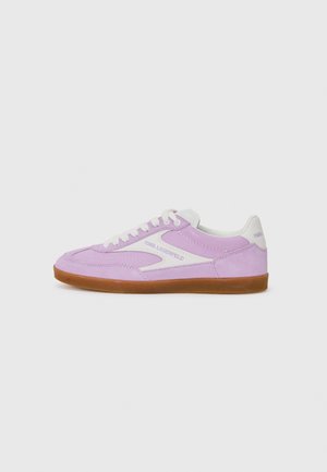Purple suede sneakers with white accents, featuring a low-top design and a gum rubber sole. "Karl Lagerfeld" branding on the sides.