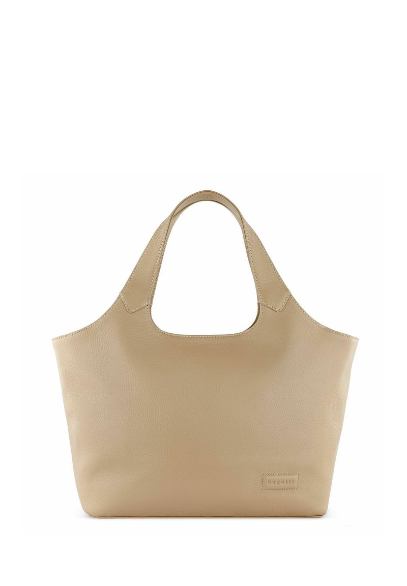 Borsa a tracolla in pelle beige con una texture morbida, apertura ampia nella parte superiore e manici arrotondati. Presenta un design minimalista e un branding sottile sul davanti.