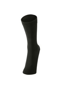 Sort strømpe lavet af glat materiale, med en ribbet kant og et enkelt, klassisk design uden mønstre eller accenter.