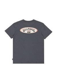 T-shirt en coton gris avec un design graphique arrondi au dos, arborant le texte "Billabong" et un motif de vagues dans des couleurs contrastées.