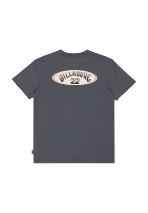 Grå bomullströja med avrundad grafisk design på baksidan som har "Billabong"-text och vågmotiv i kontrasterande färger.